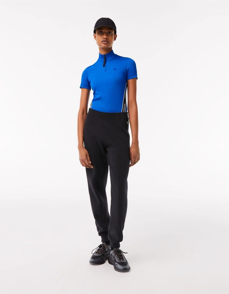 Ribbed Collar Zip Neck Short Sleeve Polo Shirt