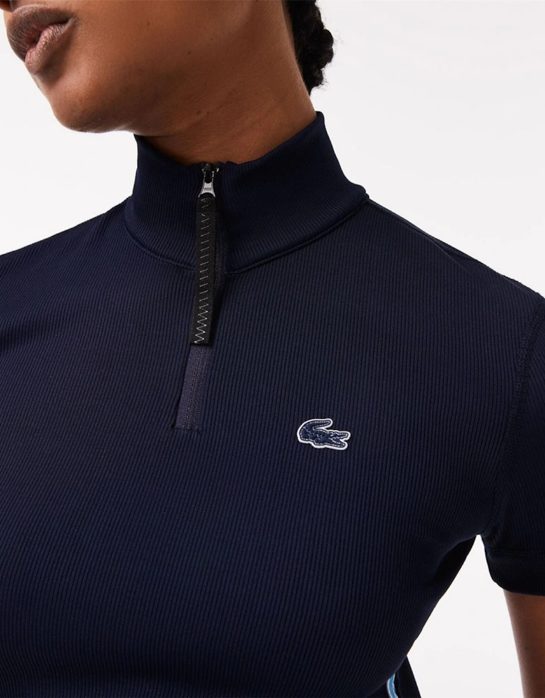 Ribbed Collar Zip Neck Short Sleeve Polo Shirt