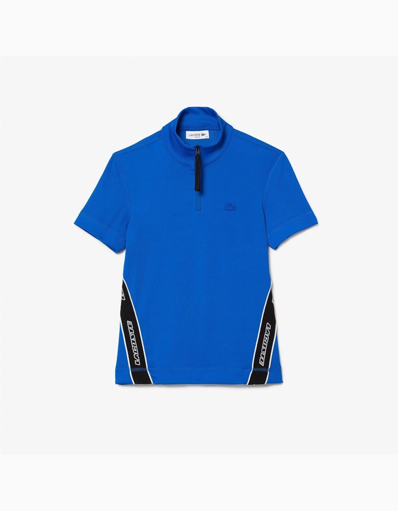 Ribbed Collar Zip Neck Short Sleeve Polo Shirt