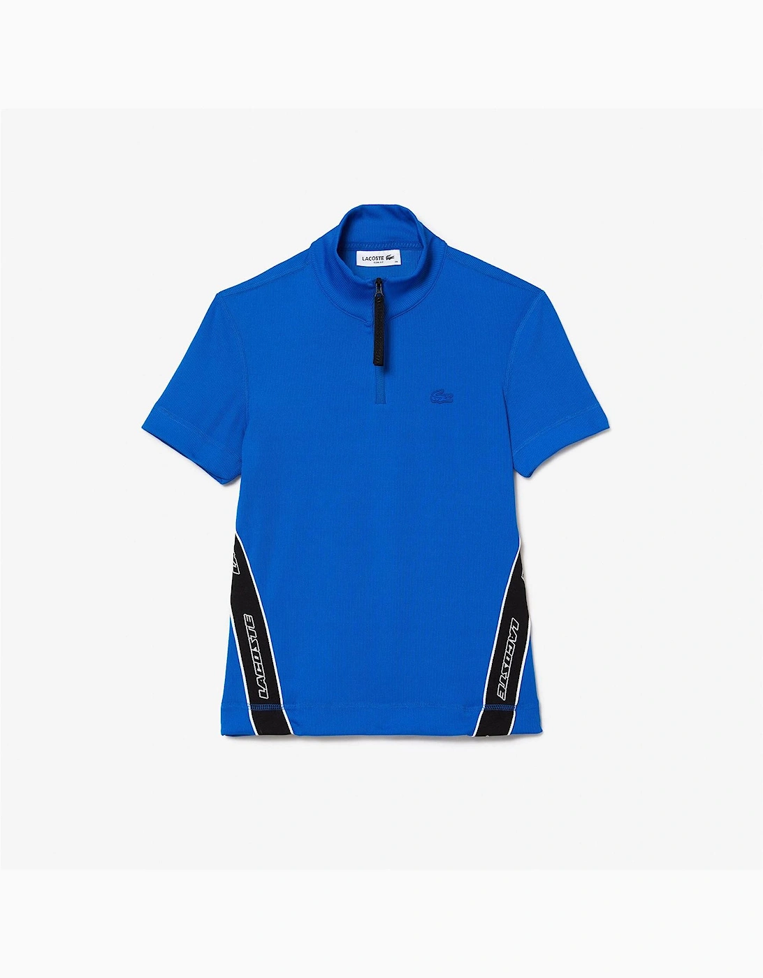 Lacoste Women's Blue Ribbed Collar Zip Neck Short Sleeve Polo Shirt  12 Size 12