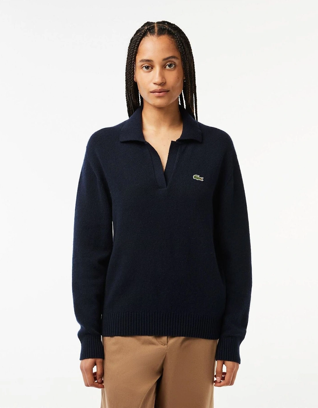 Lacoste Women's Navy Crocodile Logo Collared Neck Long Sleeve Sweater  Size 8