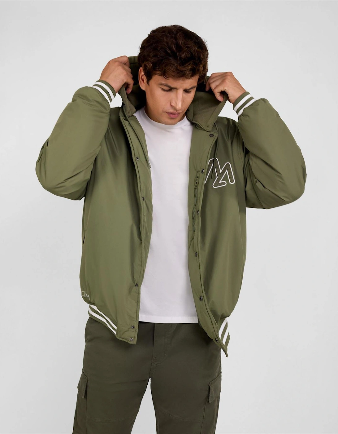 Baseball Style Jacket Detachable Hood Khaki