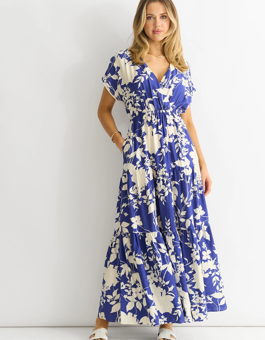 Blue Floral Elastic Waist Maxi Dress