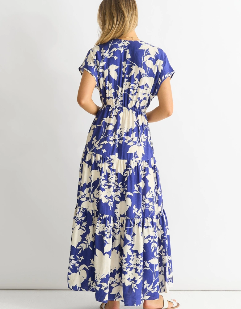 Blue Floral Elastic Waist Maxi Dress