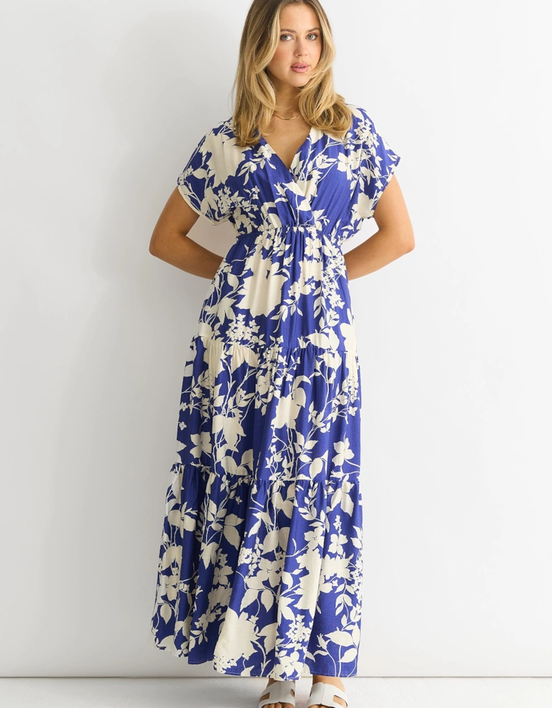 Blue Floral Elastic Waist Maxi Dress