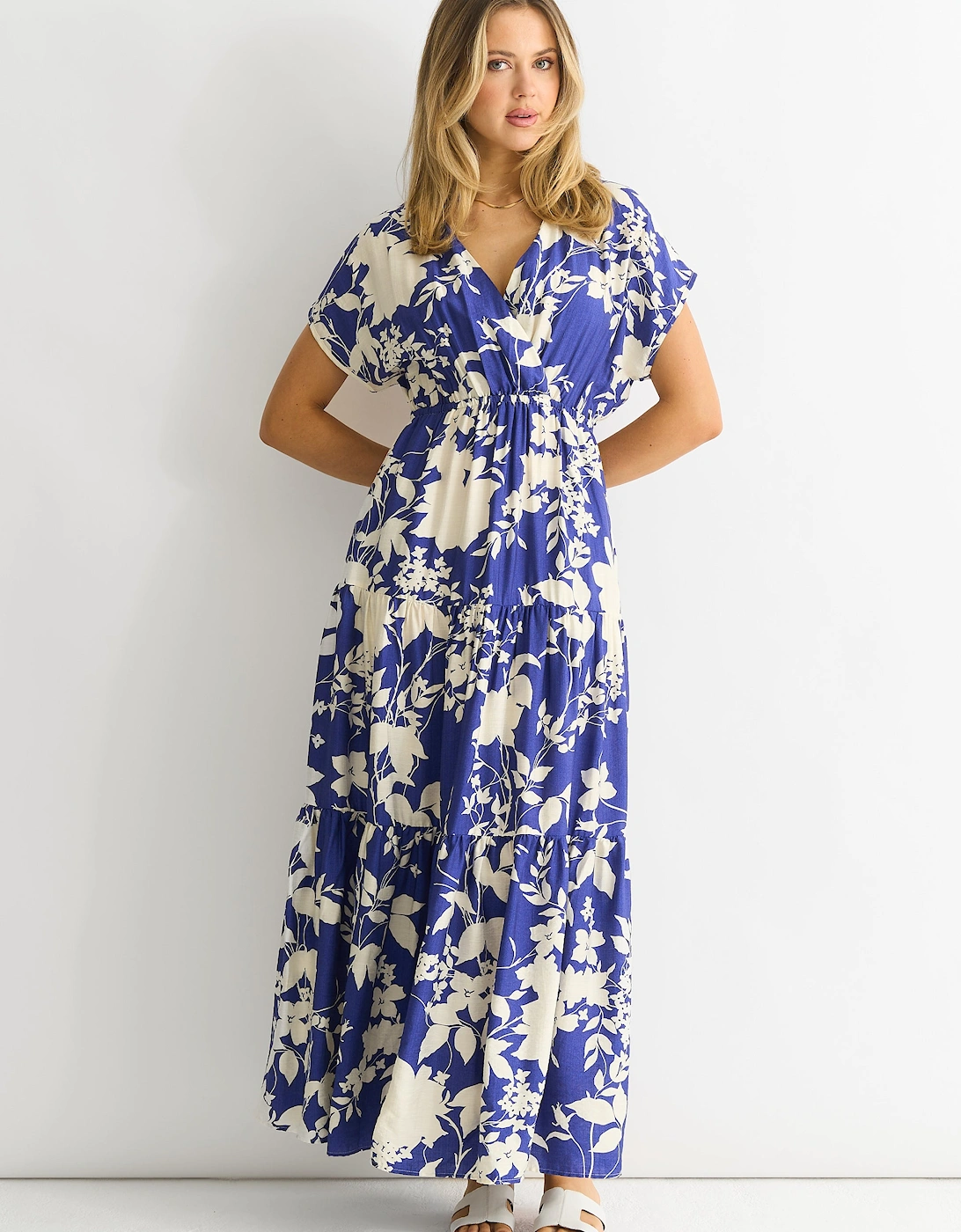 Blue Floral Elastic Waist Maxi Dress