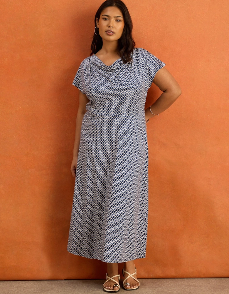 Petite Blue Geo Print Cowl Neck Jersey Midaxi Dress