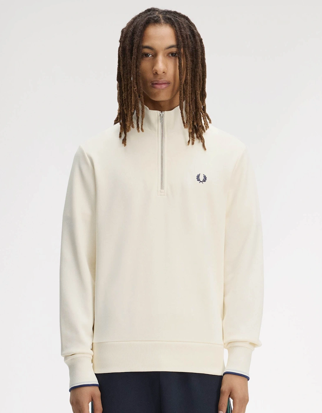 Fred Perry Mens Half Zip Sweatshirt - Ecru/Dusky Blue/French Navy 94B, 7 of 6