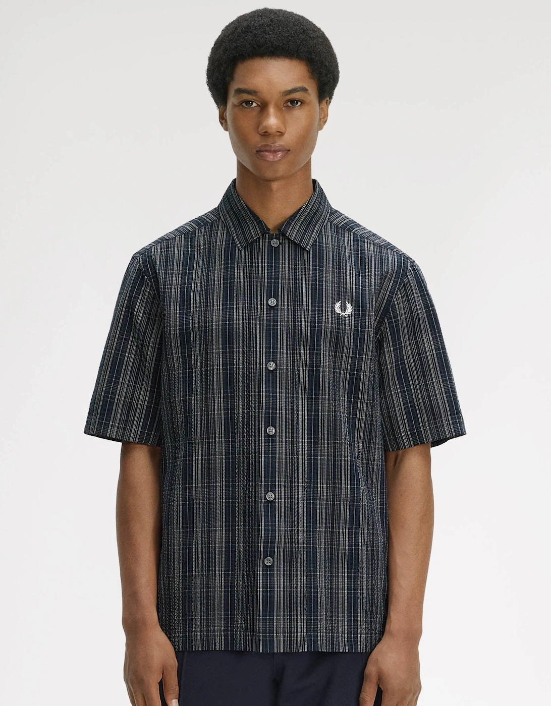 Fred Perry Mens Seersucker Check Shirt - Navy 608, 7 of 6