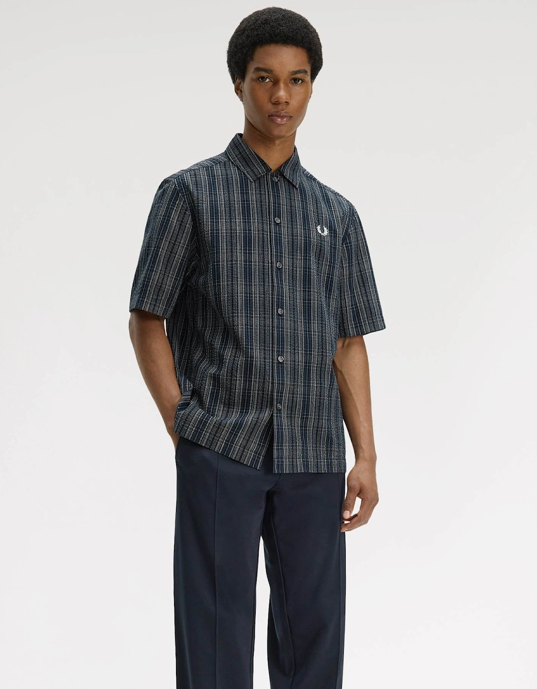 Fred Perry Mens Seersucker Check Shirt - Navy 608