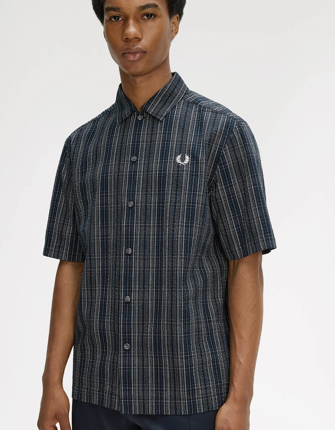 Fred Perry Mens Seersucker Check Shirt - Navy 608