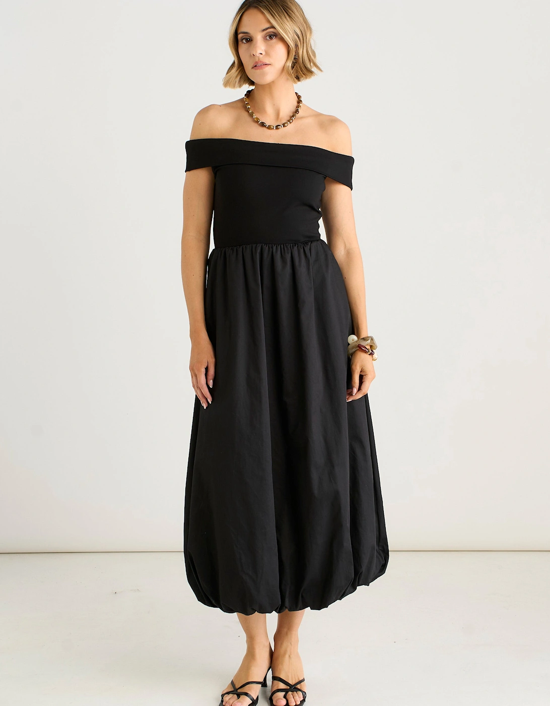 Black Bardot Jersey Mix Bubble Hem Midi Dress