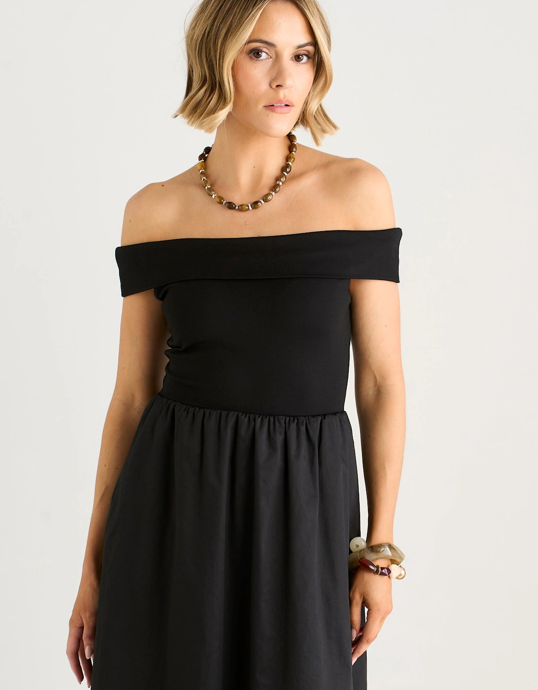 Black Bardot Jersey Mix Bubble Hem Midi Dress