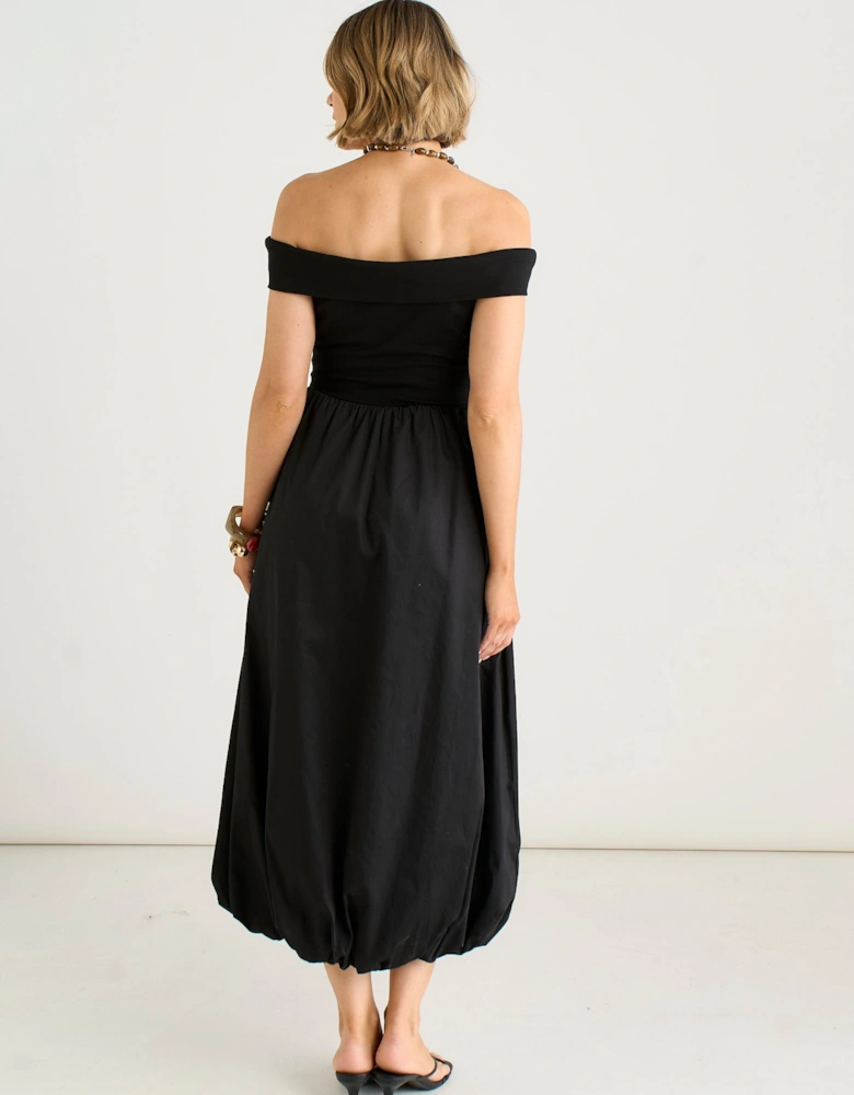 Black Bardot Jersey Mix Bubble Hem Midi Dress