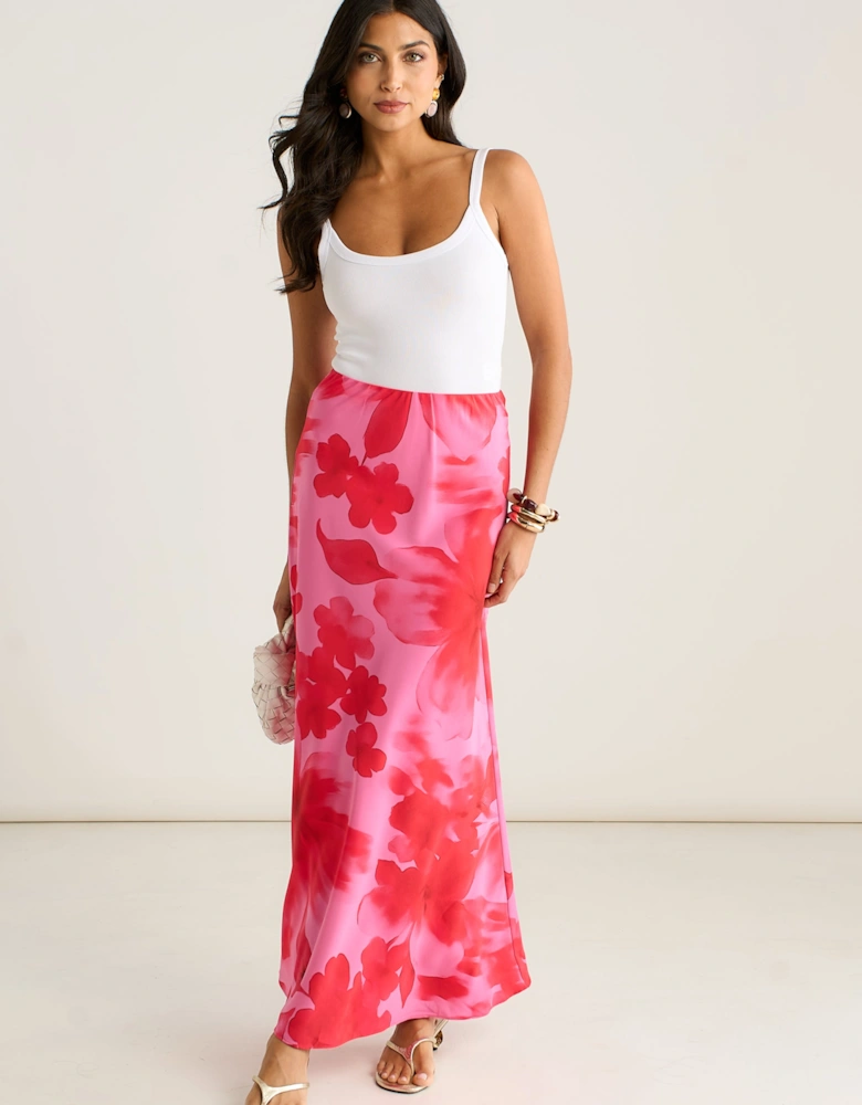 Pink Watercolour Floral Print A Line Maxi Skirt