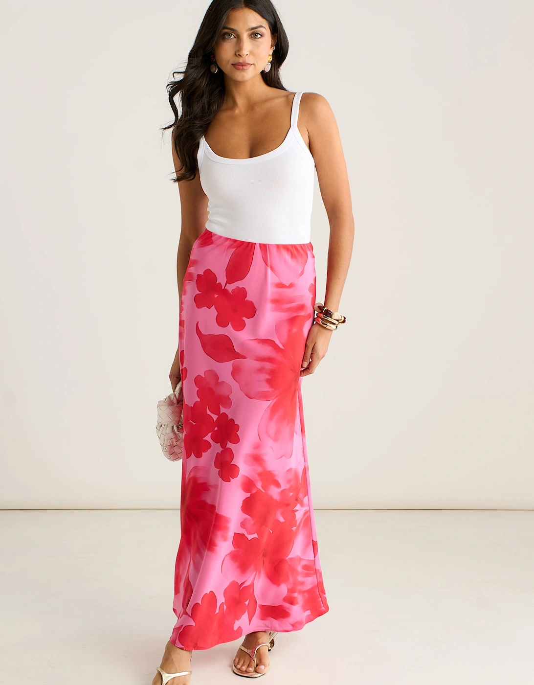 Gini London Women's Pink Watercolor Floral Print A Line Maxi Skirt  16 Size 16