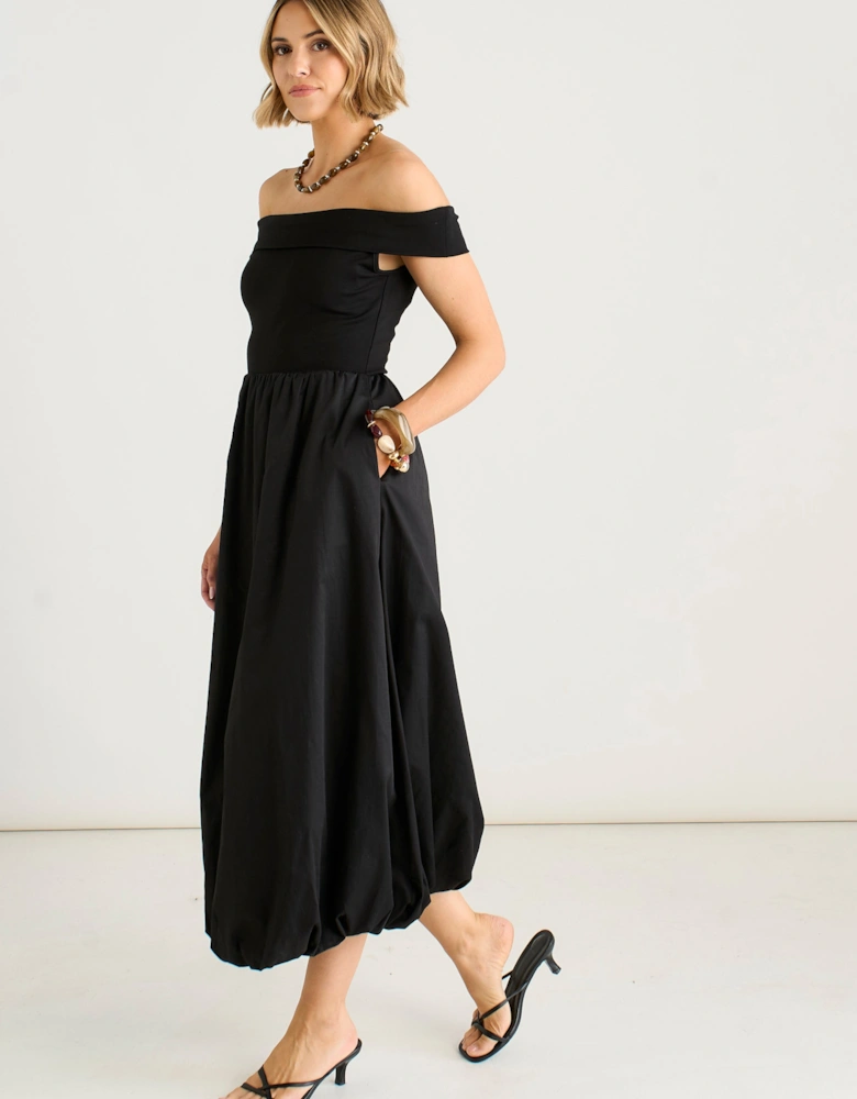 Black Bardot Jersey Mix Bubble Hem Midi Dress