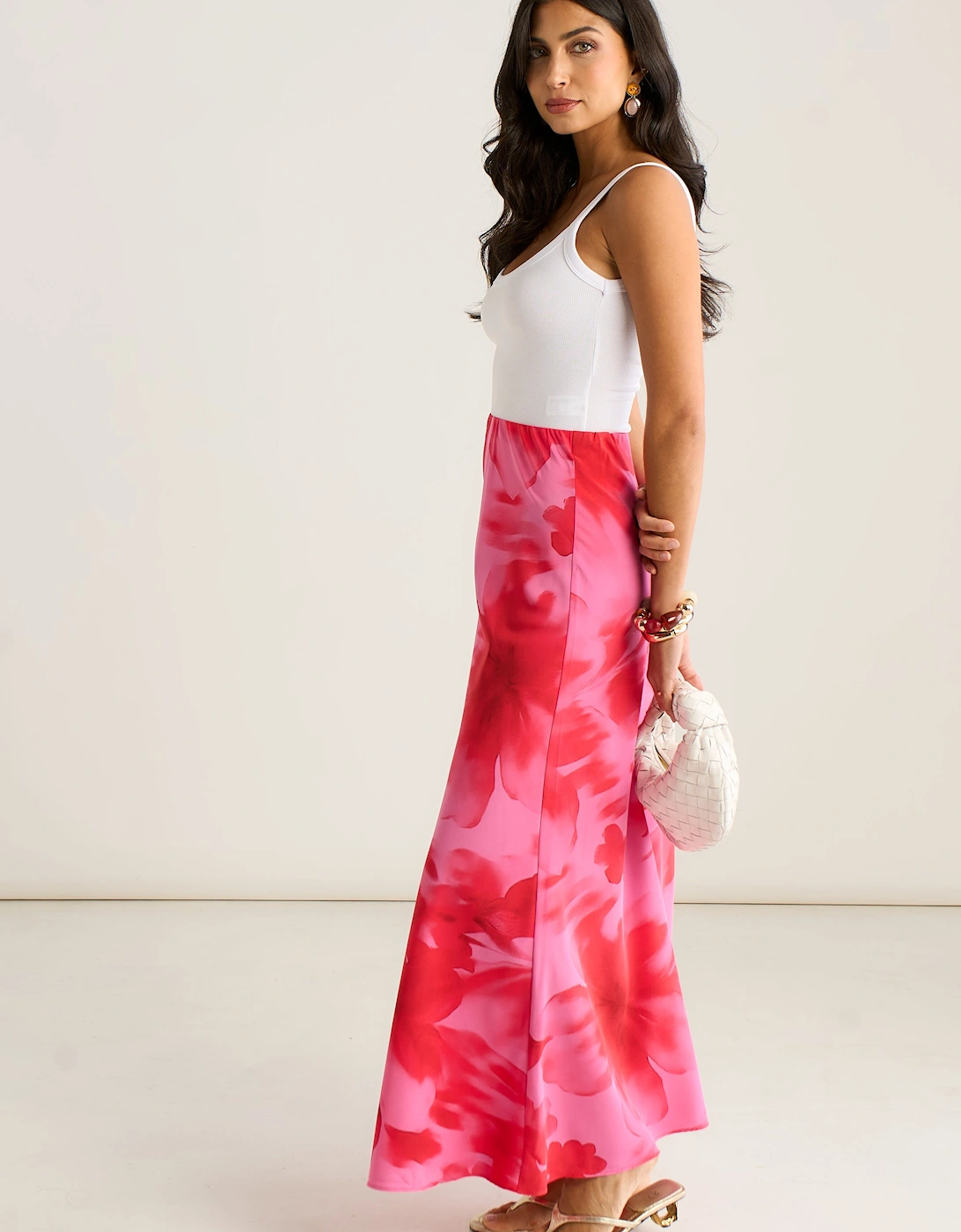 Pink Watercolour Floral Print A Line Maxi Skirt