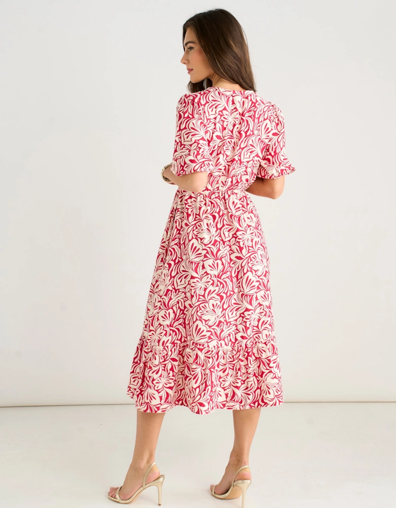 Red Paisley Print Elasticated Waist Midi Dress