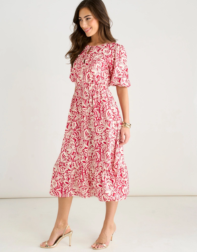 Red Paisley Print Elasticated Waist Midi Dress