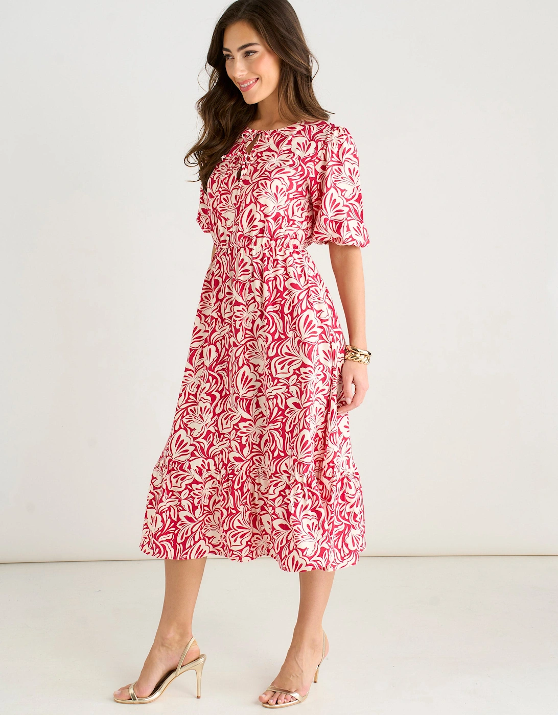 Red Paisley Print Elasticated Waist Midi Dress
