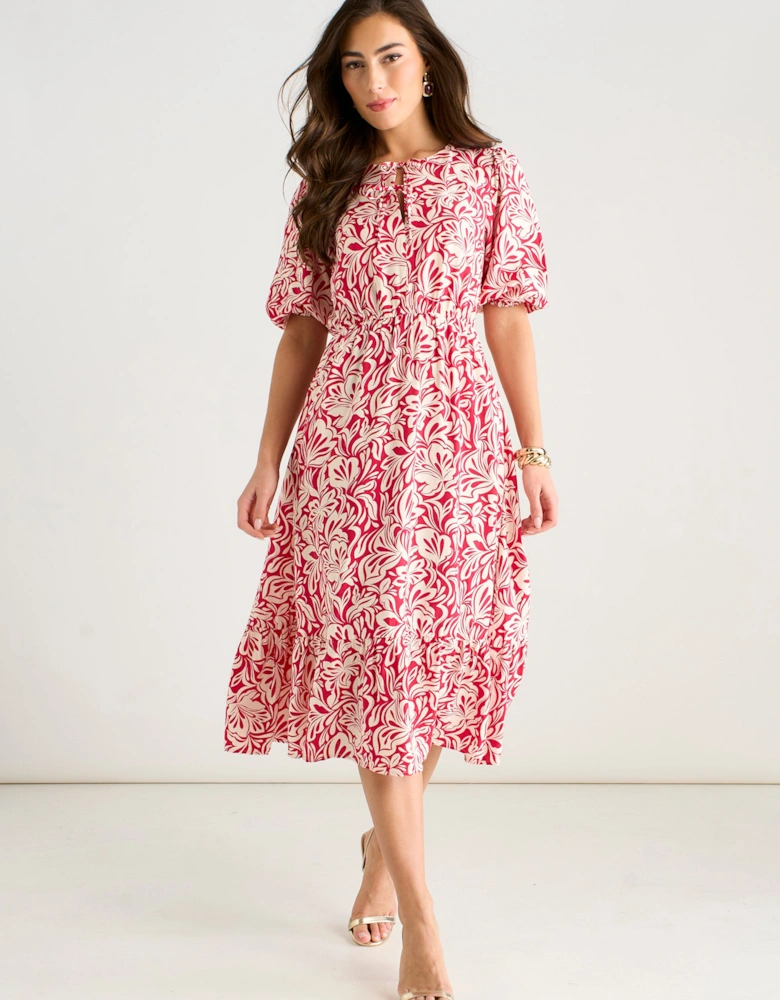 Red Paisley Print Elasticated Waist Midi Dress