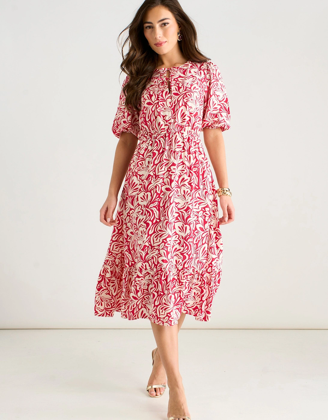 Red Paisley Print Elasticated Waist Midi Dress