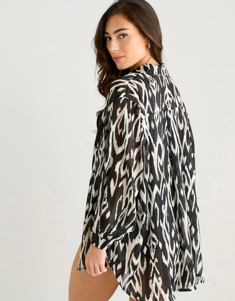 Mono Aztec Print Stripe Lurex Beach Shirt