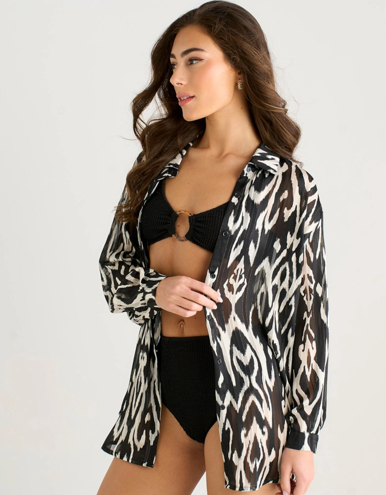 Mono Aztec Print Stripe Lurex Beach Shirt