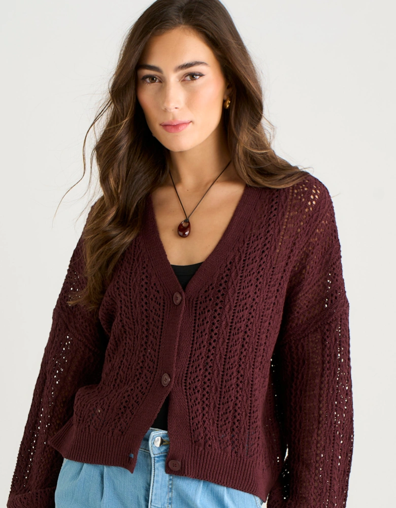 Chocolate Pointelle Knit Button-Front Cardigan