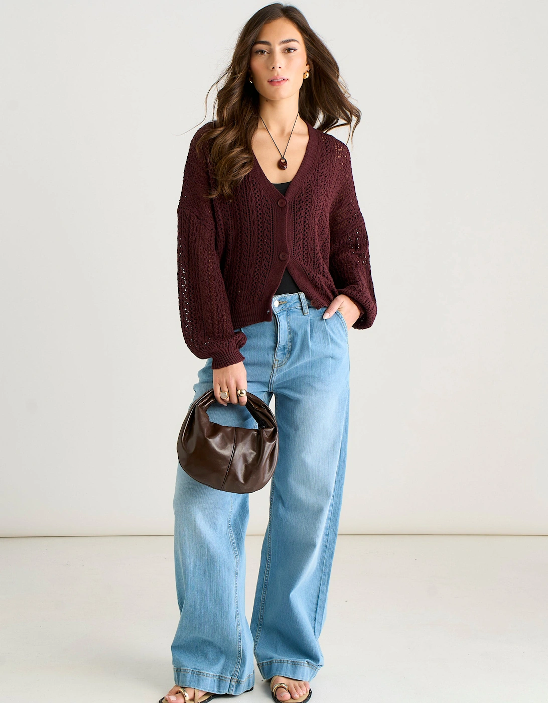 Chocolate Pointelle Knit Button-Front Cardigan