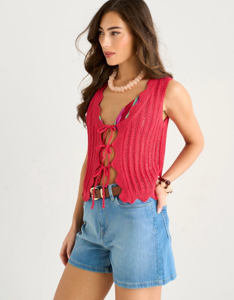 Pink Scallop Crochet Tie Front Waistcoat