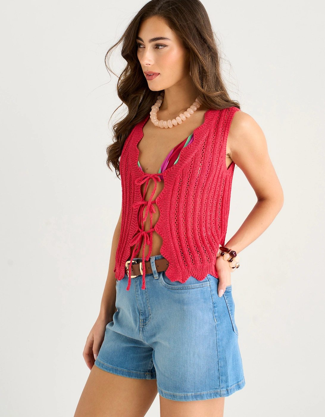 Pink Scallop Crochet Tie Front Waistcoat