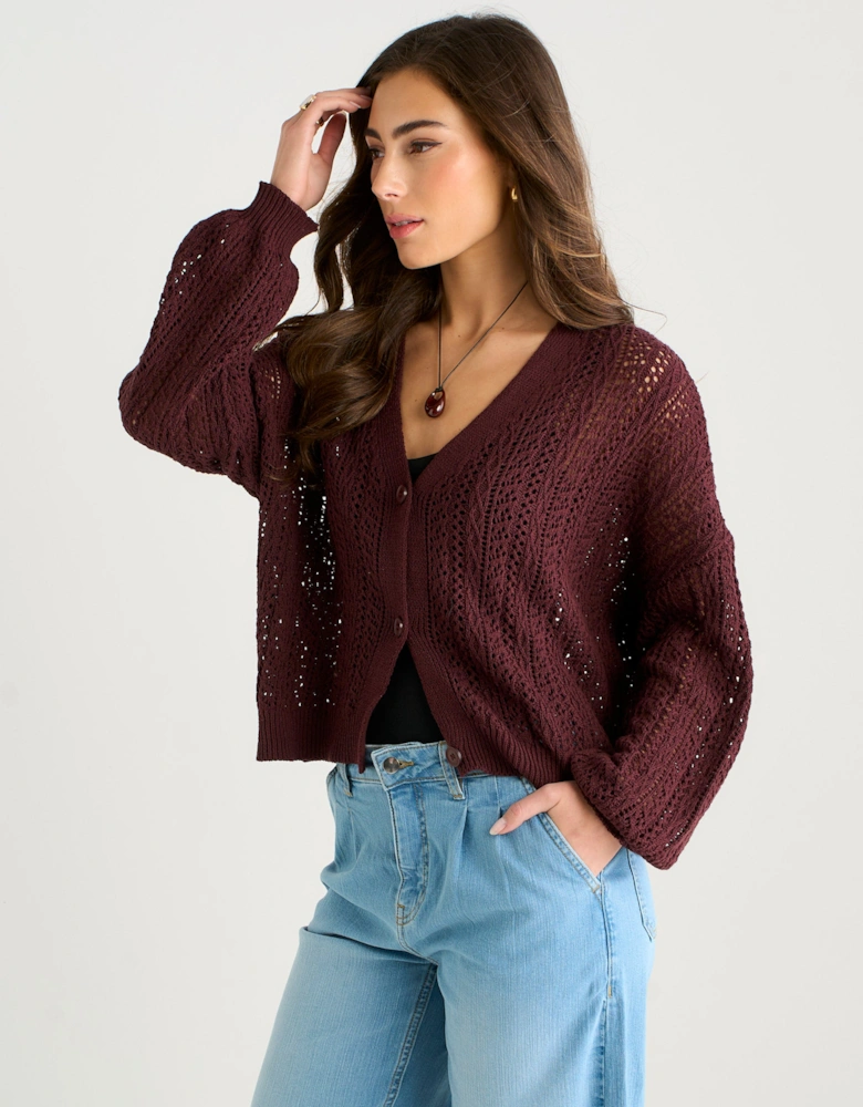 Chocolate Pointelle Knit Button-Front Cardigan