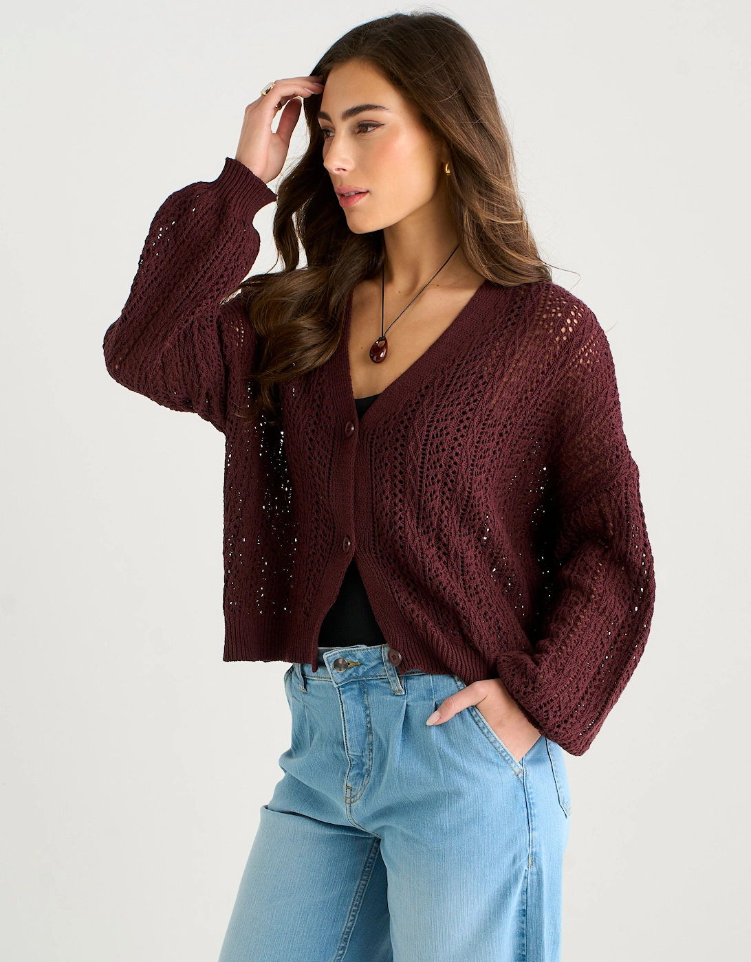 Chocolate Pointelle Knit Button-Front Cardigan
