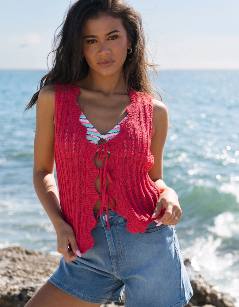 Pink Scallop Crochet Tie Front Waistcoat
