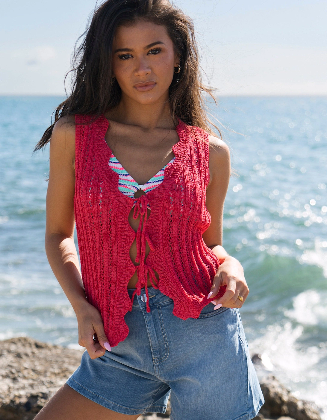Pink Scallop Crochet Tie Front Waistcoat