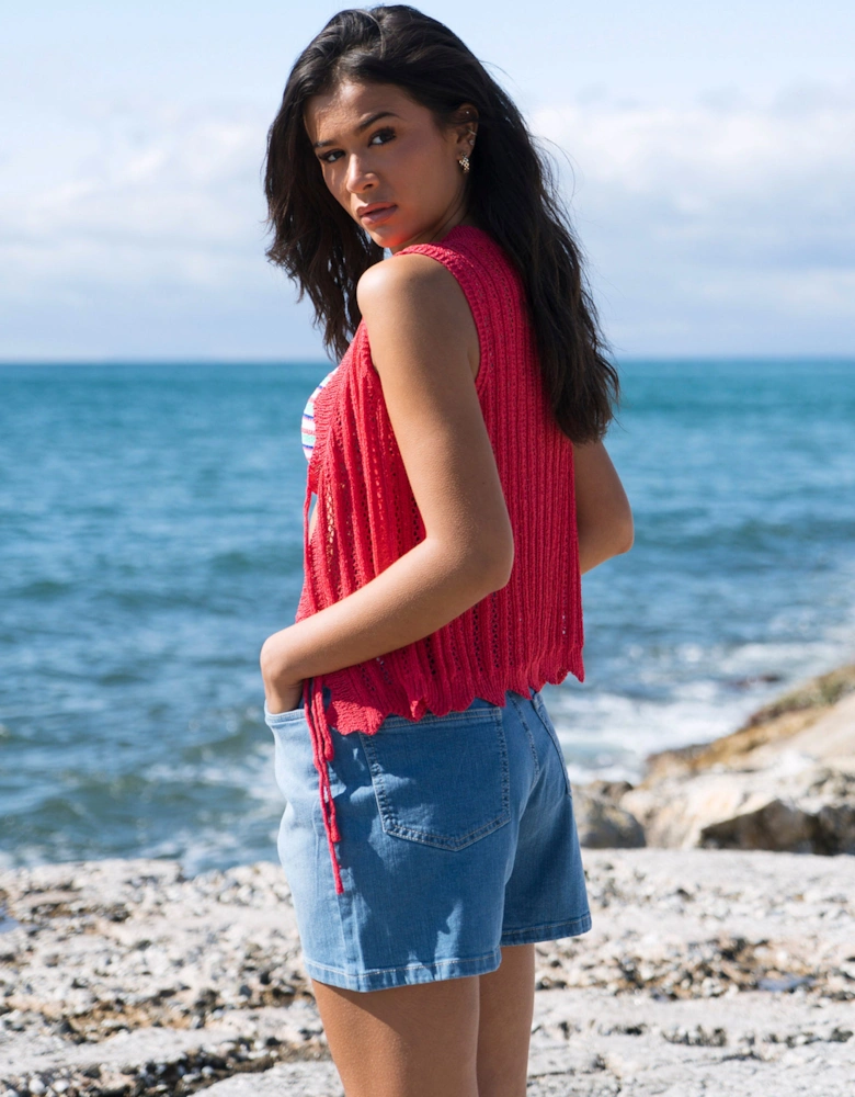Pink Scallop Crochet Tie Front Waistcoat