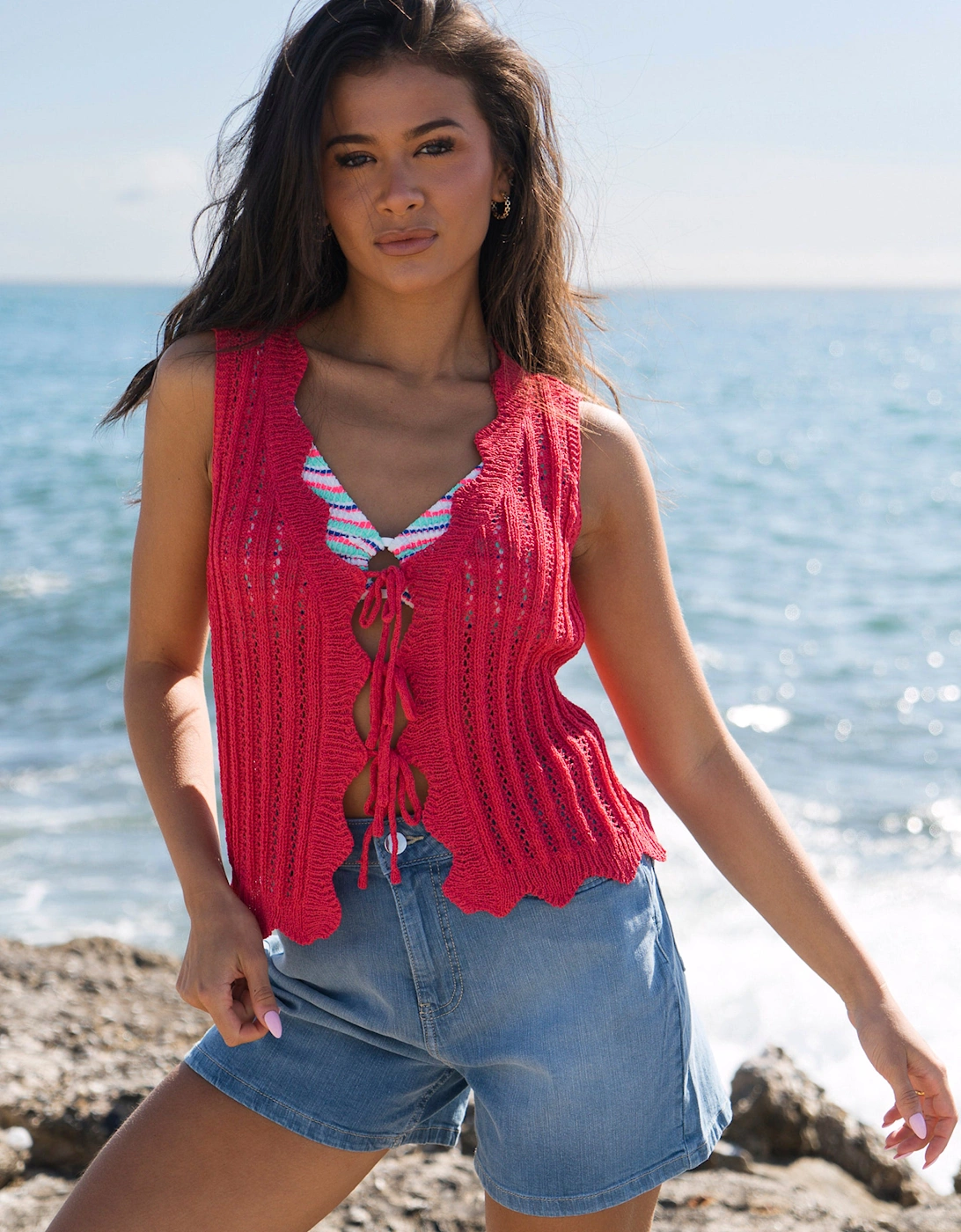 Pink Scallop Crochet Tie Front Waistcoat