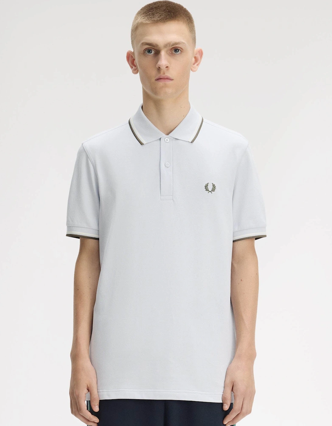 Fred Perry Men's White Twin Tipped Signature Polo Shirt - Dusky Blue/Ecru/Laurel Wreath Green 80B  42 Xl