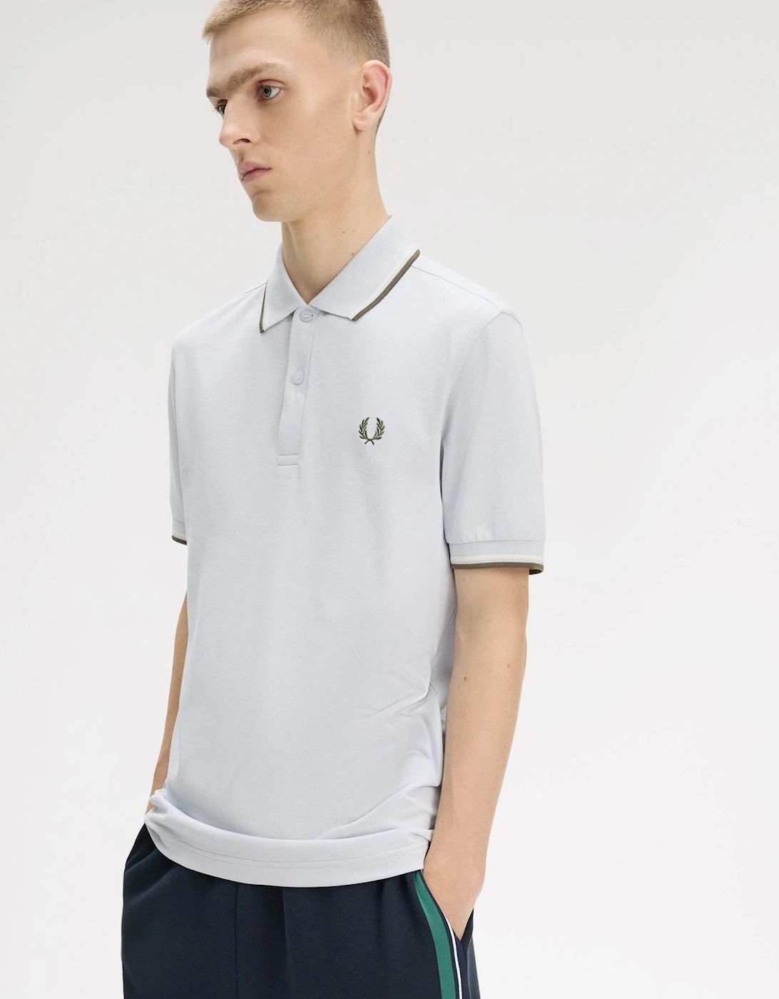 Fred Perry Mens Twin Tipped Signature Polo Shirt - Dusky Blue/Ecru/Laurel Wreath Green 80B