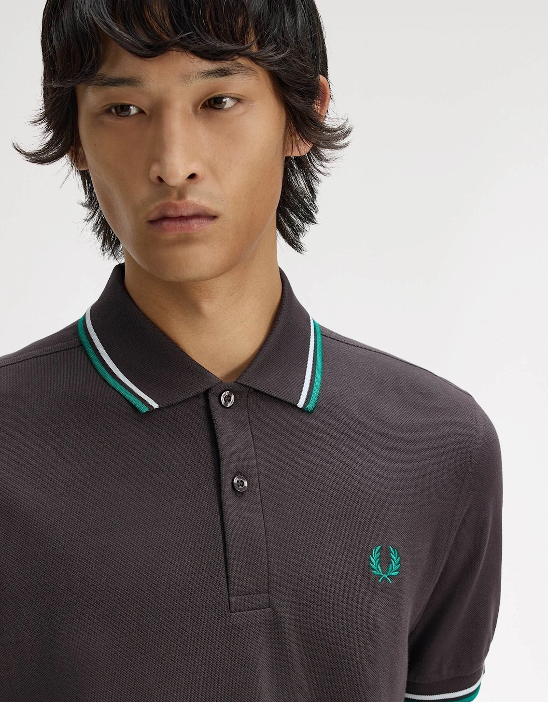 Fred Perry Mens Twin Tipped Signature Polo Shirt - Anchor Grey/Light Ice/Sport Green 85B