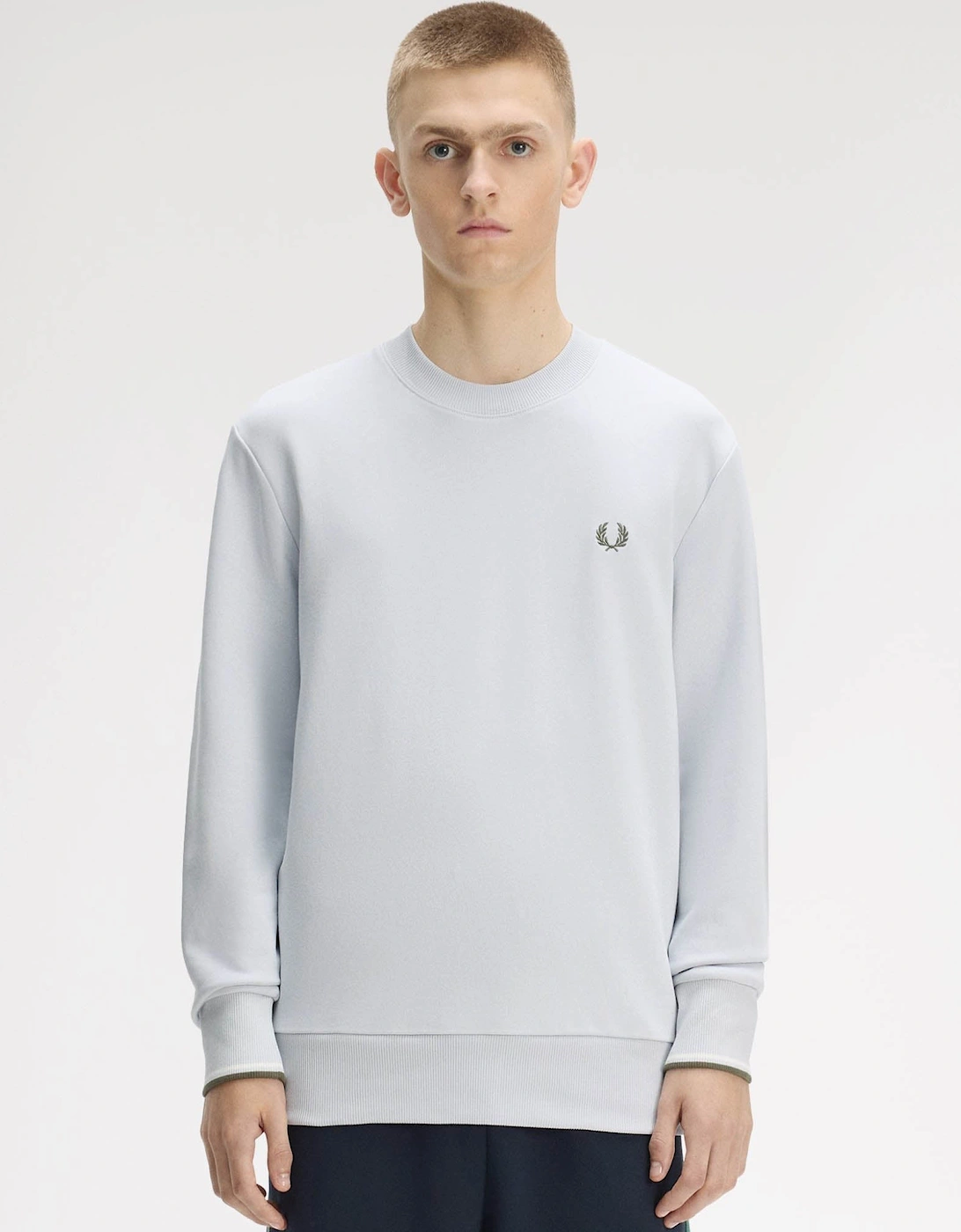Fred Perry Mens Crew Neck Sweatshirt - Dusky Blue/Ecru/Laurel Wreath Green 80B, 7 of 6