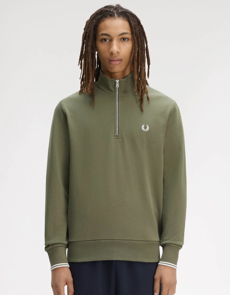 Fred Perry Mens Half Zip Sweatshirt - Laurel Wreath Green/Ecru/Dusky Blue 87B