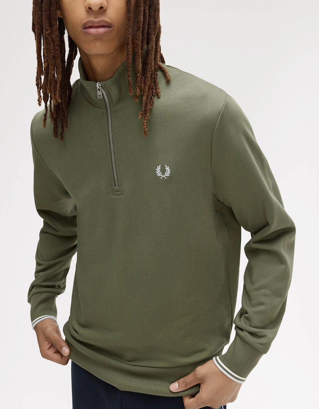 Fred Perry Mens Half Zip Sweatshirt - Laurel Wreath Green/Ecru/Dusky Blue 87B