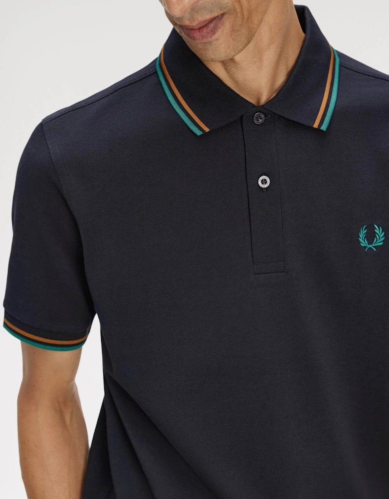 Fred Perry Mens Twin Tipped Signature Polo Shirt - Navy/Dark Caramel/Sport Green 86B