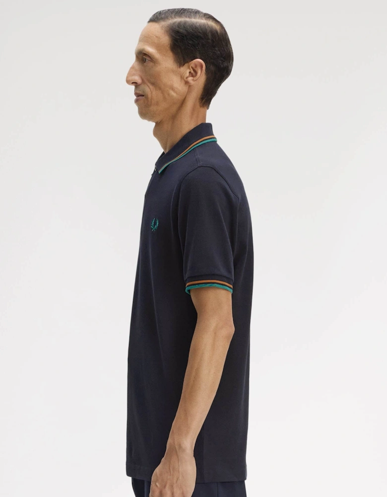 Fred Perry Mens Twin Tipped Signature Polo Shirt - Navy/Dark Caramel/Sport Green 86B