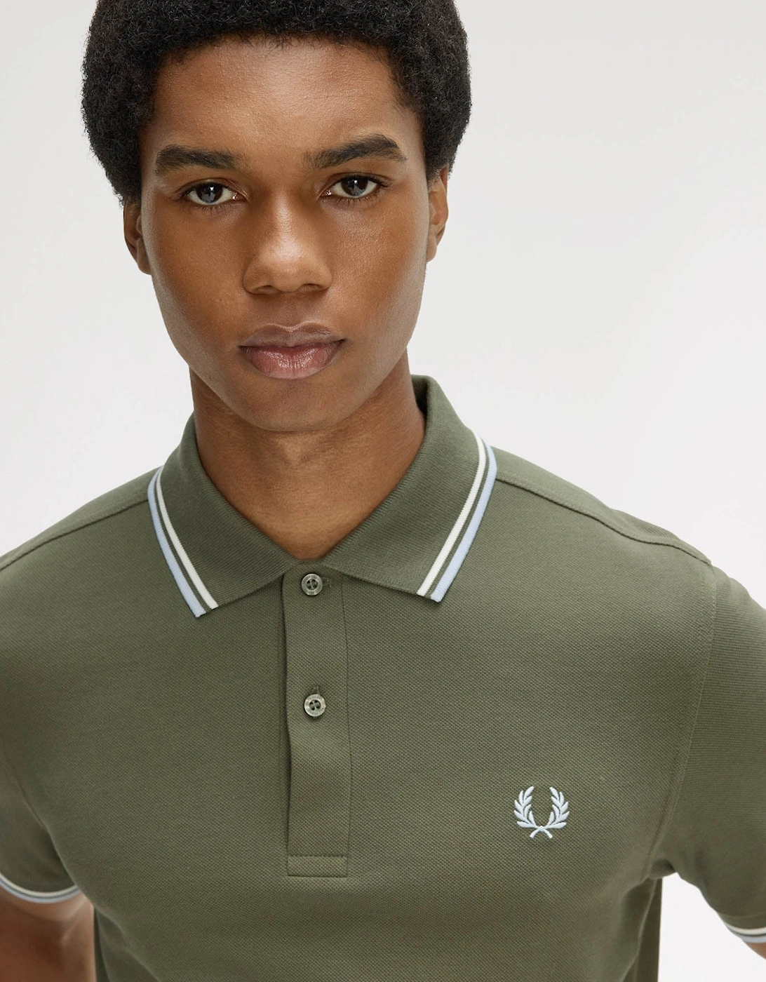 Fred Perry Mens Twin Tipped Signature Polo Shirt - Laurel Wreath Green/Ecru/Dusky Blue 87B