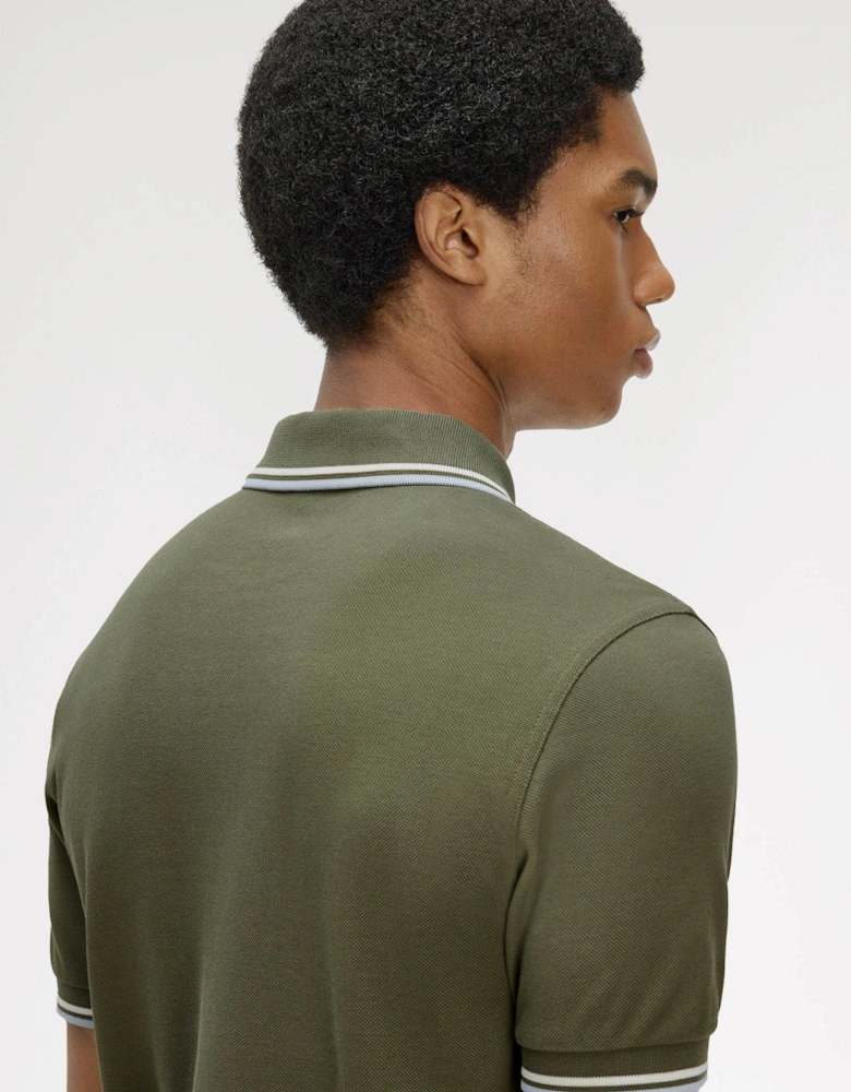 Fred Perry Mens Twin Tipped Signature Polo Shirt - Laurel Wreath Green/Ecru/Dusky Blue 87B