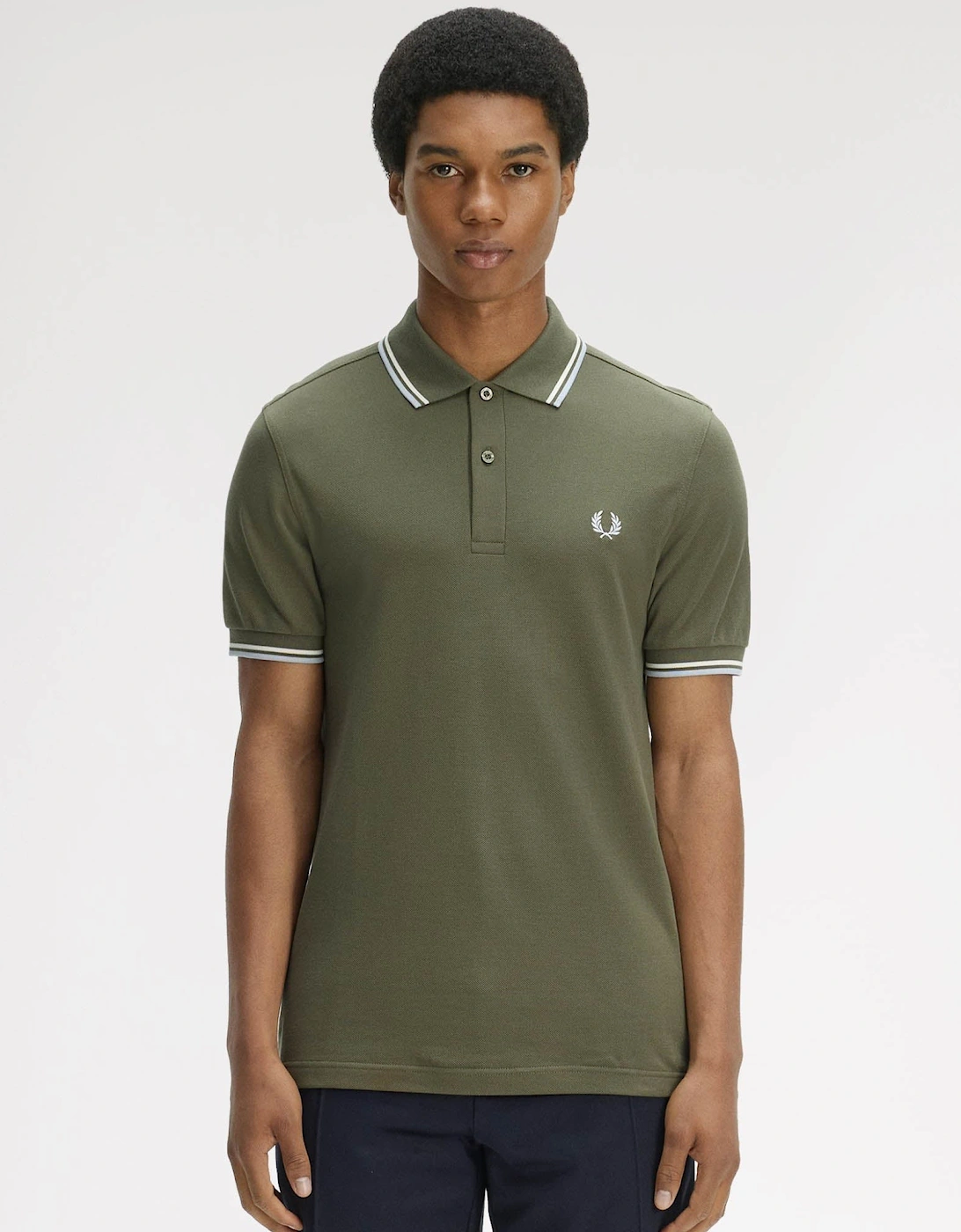 Fred Perry Mens Twin Tipped Signature Polo Shirt - Laurel Wreath Green/Ecru/Dusky Blue 87B